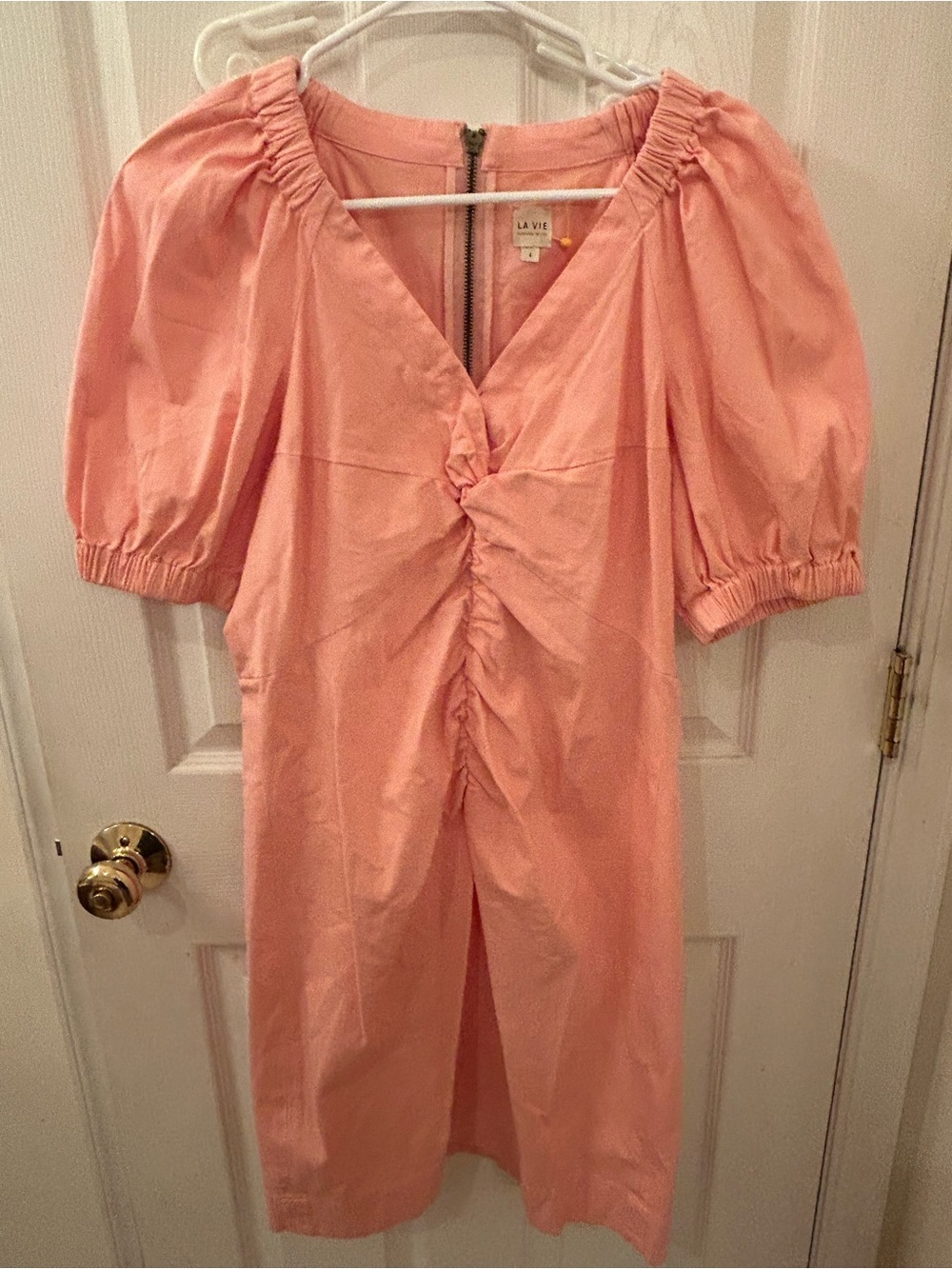 Rebecca Taylor Pinkish Peach Ruched Puff-Sleeve Midi Dress
